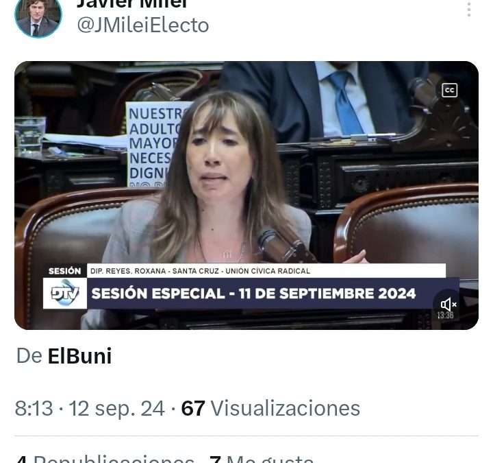 EL POSTEO QUE HIZO MILEI CON LA DEFENSA DEL VETO DE LA DIPUTADA ROXANA REYES